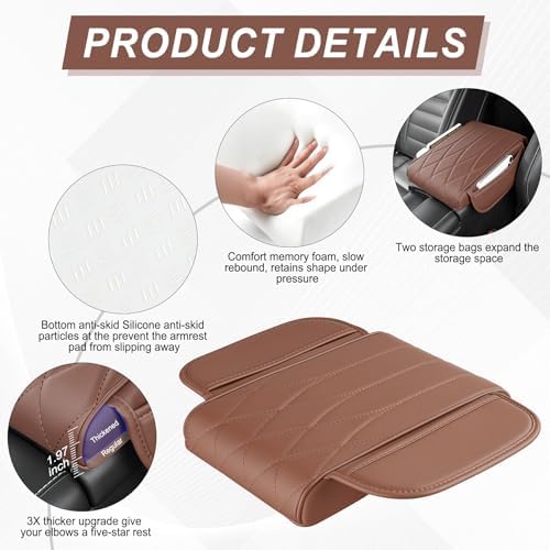 SINGARO Car Center Console Cover Pad, Universal Leather Waterproof Thick Arm Rest Cover for Car with 2 Storage Bags, Car Interior Accessories for Most Vehicles, Cars, SUVs, Trucks (Brown) - Image 3