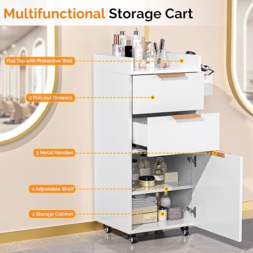 OmySalon Salon Cart with Wheels, 3-Tier Rolling Hair Styling Station, 2 Drawers & Adjustable Shelf, Hair Dryer Holder, Mobile Organizer for Salon, Barber, Spa, Nail & Beauty Tools, White - Image 3