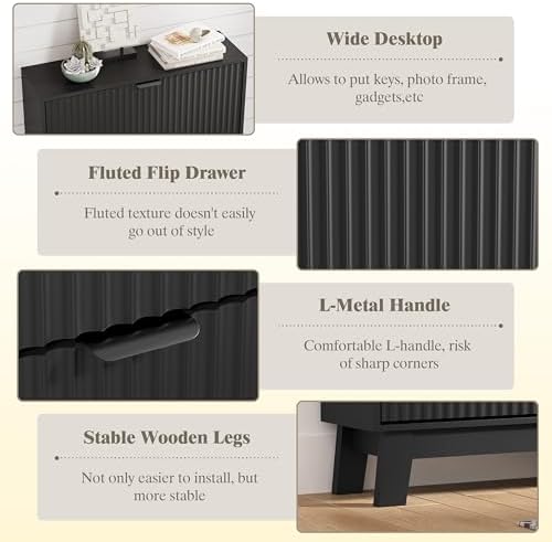 HUANLEGO Shoe Cabinet Storage for Entryway with 2 Flip Drawers, Fluted Narrow Shoe Organizer with Wooden Legs, Freestanding Slim Shoe Storage Hidden Shoe Rack Organizer for Front Door Entrance, Black - Image 5