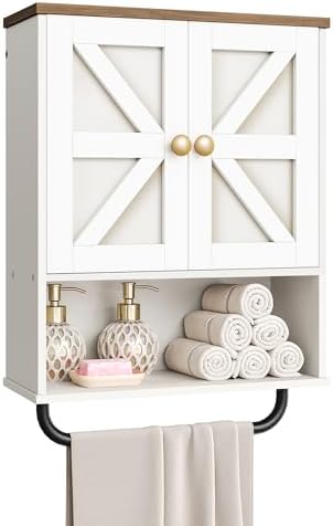 CHOEZON Bathroom Wall Cabinet, Medicine Cabinet with Open Partition and Towel Bar, Rustic Storage Cabinet with Open and Hidden Storage Space, for Bathroom, Living Room, Kitchen, White and Walnut by Choezon