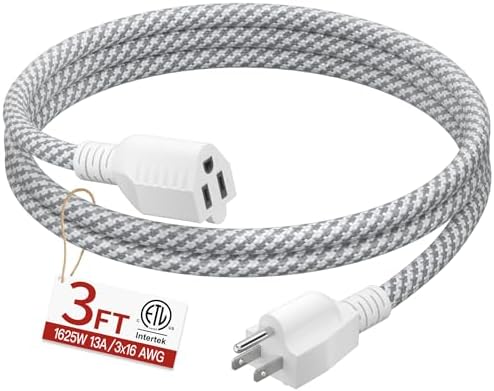Skrizcable 16/3 3 FT Braided Extension Cord Indoor, 3 Prong Power Cable by Skrizcable