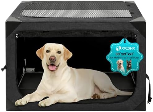 Dog Crate,30x21x21 Inch Large Dog Crate for Large or Medium Dogs, Portable and Foldable Design of Dog Cage, Perfect for Travel or Home Use, Dog Kennel with 3-Door and Durable Mesh Windows, Dark Grey by XVISHX