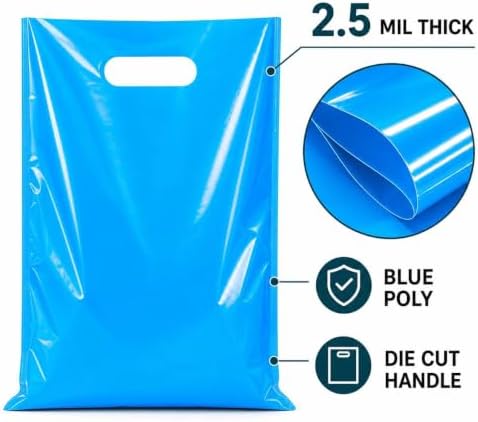 ysmile Small Blue Plastic Shopping Bag for Small Business Boutique Store Retail Die Cut Poly Bag with Handle Goods 100 ct 5.9"x7.8" Extra Thick 2.5 Mil - Image 3