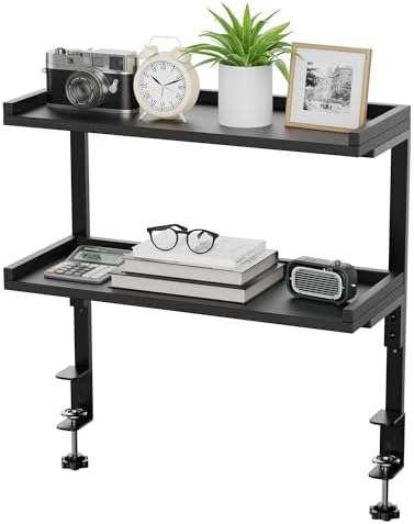 Clamp On Desk Shelf 2-Tier, 16.5 in Wood Shelving Unit for Office Desk/Gaming Accessories, Tabletop Book Storage Rack, Shelf for Top of Desk, Black - Image 4