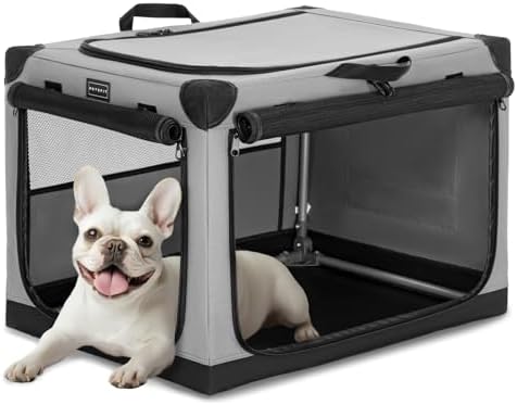 PETSFIT 26" Soft Portable Dog Crate – Patented Spiral Sturdy Frame, Collapsible Travel Kennel for Small Dogs, 3 Mesh Door, Lockable Zippers, Indoor & Car Use Gray by Petsfit