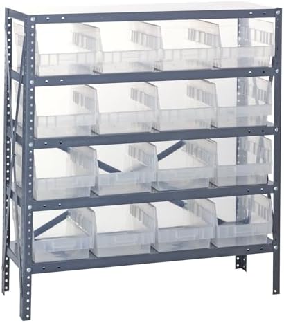 Quantum 1239-207CL Heavy Duty Shelving Unit with (5) Shelve and (16) QSB202 Clear Bins for Warehouse Storage Distribution | 400 lbs Capacity per Shelf | 12"D x 36"L x 39"H, Galvanized Steel Finish by QuantumStorageSystems