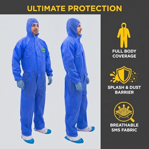 Painting Protective Suit, SMS Full Body Hazmat Suits Coveralls with Hood and Elastic Wrists for Mechanic Work - Image 3