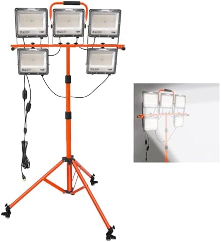 Upgrade 35000 LM Work Lights with Stand, 5 Head Portable LED Work Light with Adjustable Tripod Stand and Wheels, IP66 Waterproof, Worklight for Indoor Garage Job Site Workshop Construction Site by Exploreournow