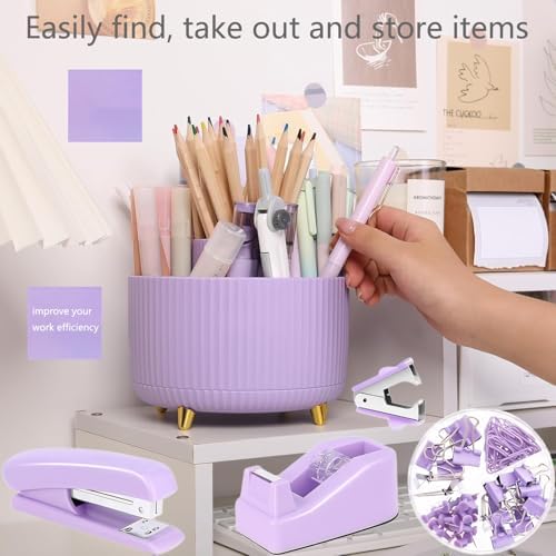 Office Supplies,Purple Desk Accessories,Desk Organizer,Phone Stand,Scissors,Stapler,Tape Dispenser,Binder clips,Staples,staple remover,Sticky Notes,Index Tabs,Clear Tape,Mini Box Cutter,Cool Pen.16pcs - Image 4
