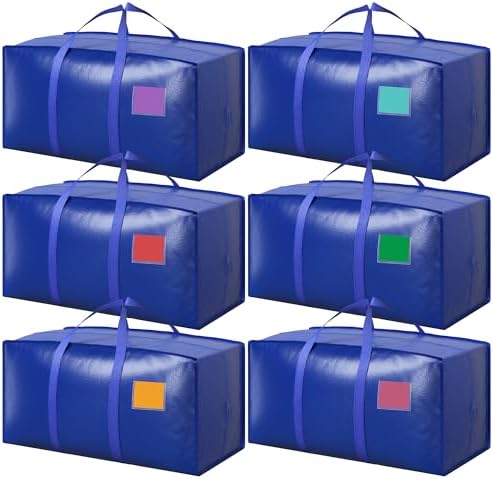 6 Pack Moving Bags with Full-Open Side Zipper, Extra Large 93L Heavy Duty Waterproof Foldable Storage Totes for College Dorm, Moving & Home Organization,Blue by RMOHRO