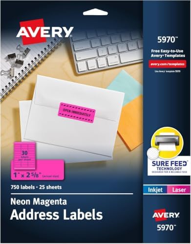 Avery Printable Address Labels with Sure Feed, 1" x 2-5/8", Neon Magenta, Laser & Inkjet Compatible, 750 Blank Labels, Great for Branding, Mailing, Organizing, and More (5970), (Pack of 5) by Avery