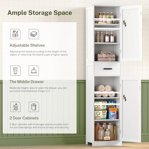 WEENFON Tall Bathroom Cabinet, Storage Cabinet with 6 Shelves & Drawer, Bathroom Storage Cabinet with Adjustable Shelves, Tall Cabinet for Living Room, Home Office, White - Image 5