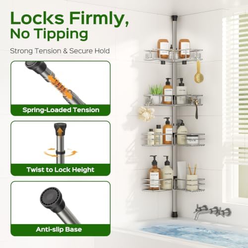 HAMITOR Shower Caddy Tension Pole, 4-Tier No Drill Corner Shower Organizer - Image 4