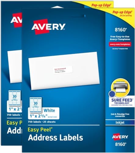 Avery Easy Peel Printable Address Labels with Sure Feed, 1" x 2-5/8" Customizable Stickers, White, 1,500 Blank Mailing Labels, Great for Mailing, Shipping, and More (08160) (Pack of 10) by Avery
