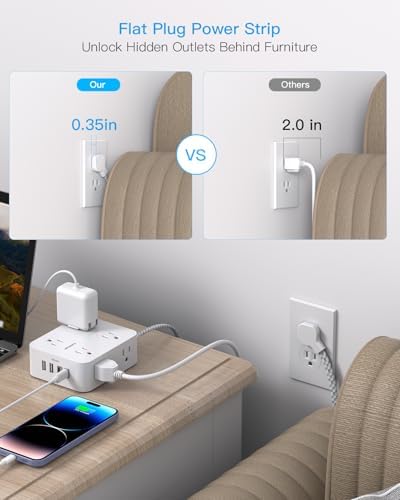 10Ft Extension Cord with Multiple Outlets, Surge Protector Power Strip 10 Ft Cord, 8 Outlets 4 USB Ports(2 USB C), Flat Outlet Extender, Desk Charging Station for Home Office College Dorm Essentials - Image 4