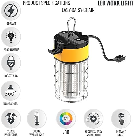 LEDMyplace 100W LED Temporary Work Light, 12000 Lumens, 6500K Daylight White, 5ft Cord US Plug, IP64 Waterproof, Portable Hanging Construction Lights for Workshop Mine Job Site for Outdoor - Image 2