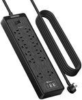 NTONPOWER 15 ft Extension Cord, Flat Plug Power Strip with USB, 12 Outlets Wall Mount, 2100 Joules, 1875W, 15A Circuit Breaker for Home Office Dorm Essentials, Black by NTONPOWER