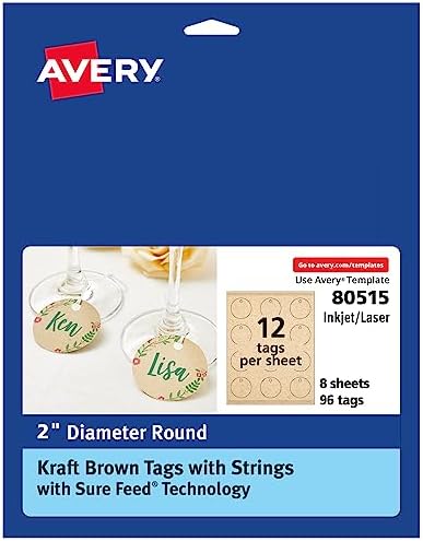 Avery® Kraft Brown Round Tags, Sure Feed® Technology, 2" Diameter, Printable on Both Sides, Includes Strings, 96 Total (80515) by Avery