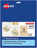 Avery® Kraft Brown Round Tags, Sure Feed® Technology, 2" Diameter, Printable on Both Sides, Includes Strings, 96 Total (80515) by Avery