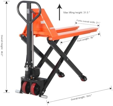 Tory Carrier Manual Scissor Pallet Jack Hand Truck Lift 2200lbs Capacity 45" Lx21 W Fork, 3.3'' Lowered, 31.5'' Raised Height for Open Bottom Pallet - Image 3