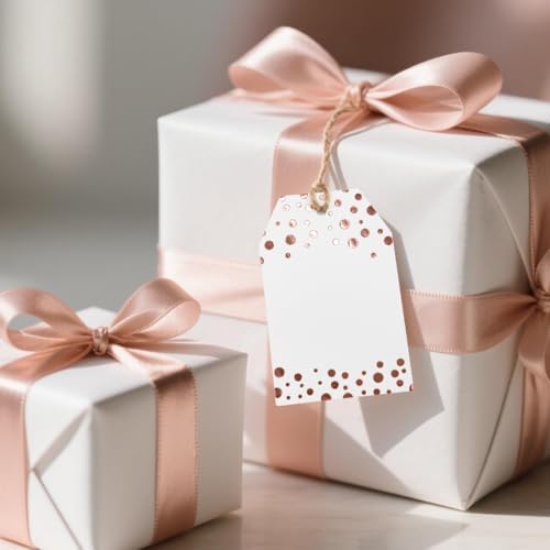 100Pcs Rose Gold Gift Tags with String Attached, ASYEHJNR Foil Rose Gold Dot Large Gift Bag Tags Presents with 65 FT Jute Twine, White Paper Gift Tags for Baby Shower, Wedding, Birthday Gift Wrap Tags - Image 3