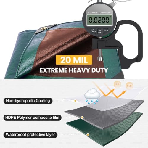 Winpull Tarp 10x12FT, 20 Mil Thinked Tarps Heavy Duty Waterproof, Multipurpose Poly Tarp Cover for Outdoor Camping Pool Car Tent, Green/Brown Tarp - Image 3