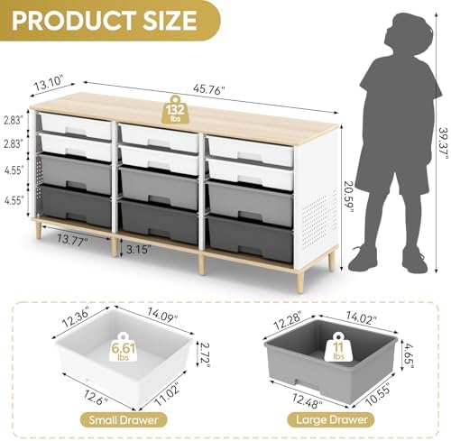 TOOLF 12 Drawers Storage Cabinet with Wooden Top and Plastic Bins, Grey - Image 3