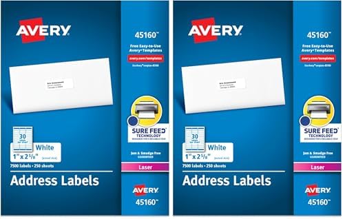 Avery Easy Peel Printable Address Labels with Sure Feed, 1" x 2-5/8" Customizable Stickers, White, 7,500 Blank Mailing Labels, Great for Mailing, Shipping, and More (45160) (Pack of 2) by Avery