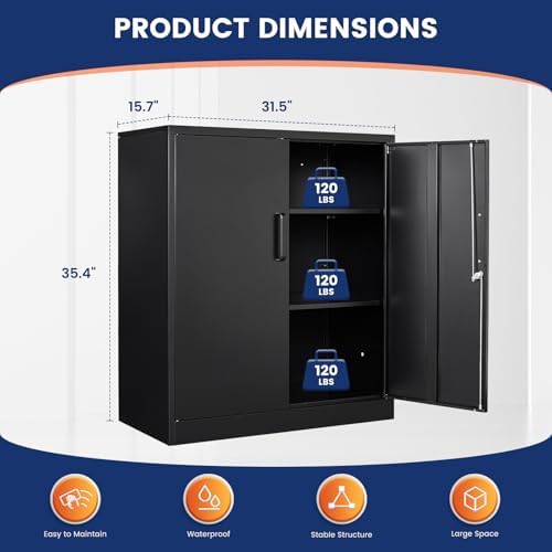 Yizosh Metal Garage Storage Cabinet with 2 Doors and 2 Adjustable Shelves - 35.5" Steel Lockable File Counter Cabinet for Home Office,Garage,Gym,School（Black） (Pack of 2) - Image 3