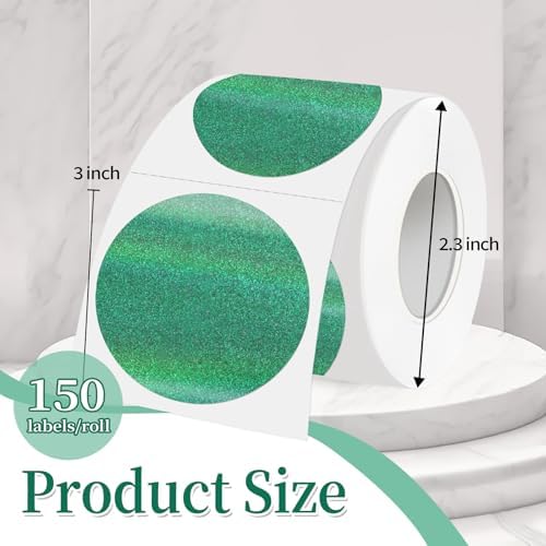 3 Inch Holographic Thermal Labels,Round Thermal Printer Labels,Waterproof Thermal Printer Stickers for DIY Logo Design,Name Tag,QR Code,Thanks Card 150 Labels/Roll (Green dots) - Image 2