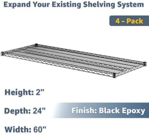 24" x 60" Wire Shelving Add-On Shelf 4 Pack, NSF Black Replacement for Metal Rack Systems - Image 2