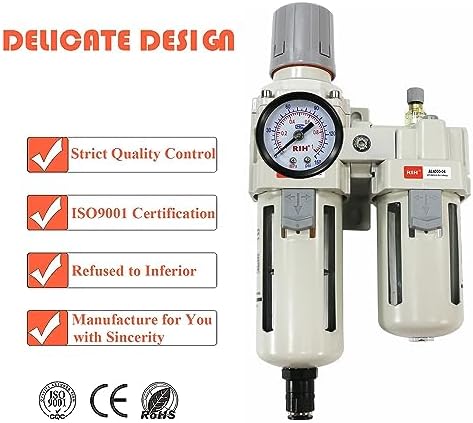RIH Pneumatics Compressed Air Filter Regulator Lubricator Combo Water/Oil Trap Separator - Gauge(0-150 psi), Semi-Auto Drain, Poly Bowl,Bracket - 3 in 1 Two Unit (1/2“ NPT Auto Drain) - Image 4
