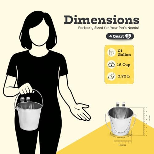 4 Quart Stainless Steel Flat Sided Bucket with Dual Hooks | 1 gal Durable Food & Water Bowl for XL Dogs, Cats, Goat & Livestock | Fits kennel Cage Critter Crate | Hanging Utility Pet Pail - Image 4