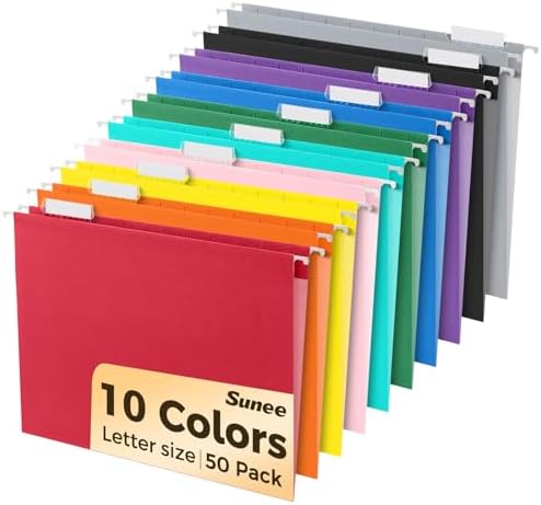 SUNEE Hanging File Folders, 50 Pack Letter Size Hanging File Folders with 1/5-cut Tabs, Stay Organized for Your Home and Office Bulk File, Documents and Paper,10 Assorted Colors by SUNEE