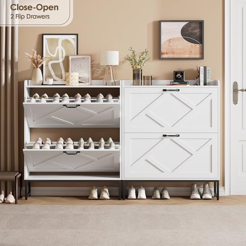 Nicetree Shoe Storage Cabinet with 2 Flip Drawers, Freestanding Shoe Organizer, Shoe Cabinet with Metal Legs, Narrow Shoe Rack Cabinet, Farmhouse Slim Shoe Cabinet for Entryway, Foyer, Hallway, White - Image 4