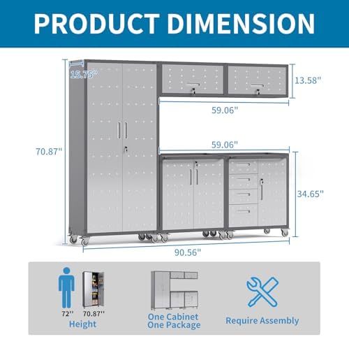 Garage Storage Cabinets System 5 PCS Workshop Set with Drawers Locking Heavy Duty Rolling Cart with Adjustable Shelves Garage Tool Workbench Cabinets (5 PCS-1) - Image 4