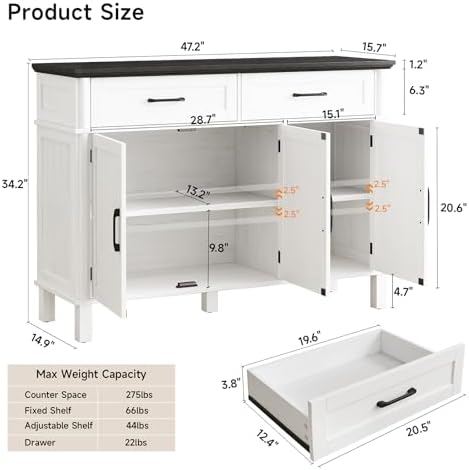 ONBRILL 48 Inch Buffet Cabinet with Storage, Off White&Black - Image 2