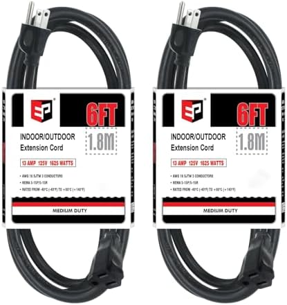 EP 6 FT Outdoor Extension Cord, 16/3 SJTW Heavy Duty Black 2PK, ETL Listed by ENERGYPRO