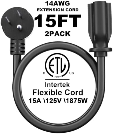 POWGRN 15FT 2 Pack 14/3 Black Flat Plug Extension Cord, Low Profile Indoor - Image 2