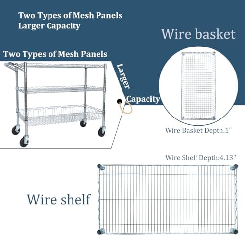 Heavy Duty 3-Tier Utility Cart with Wheels & Handle Bar, x18 Rolling Storage Cart, 600 lbs Capacity, Chrome Shelves for Kitchen, Restaurant, Plant Display, Garage, Office - Image 4