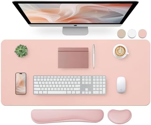 Bloss Large Desk Pad and Keyboard Wrist Rest, Large Mouse Pad + Keyboard Pad+Mouse Wrist Support, Non-Slip Desk Mat Protector for Office, Home (35.4×15.7 Inches,Pink) by Bloss
