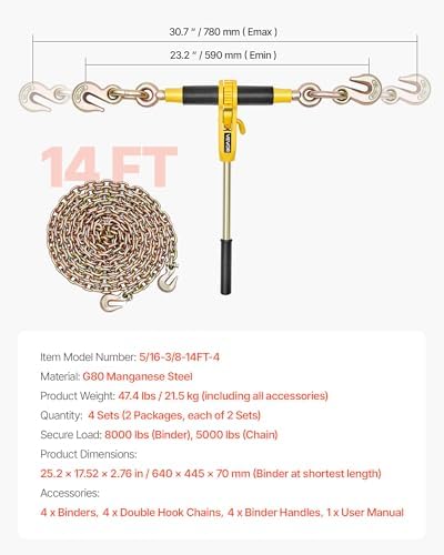 VEVOR Ratchet Chain Binder, 5/16 in x 14 ft G80 Chains, 8000 lbs Working Load of Ratchet Load Binder, Chains and Binders Set, Tie Down Hauling Chain Binders for Hauling, Towing, Logging (4 Sets) - Image 7