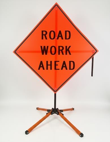 Traffic Roll-Up Sign Kit with Stand – Collapsible Safety Sign & Heavy-Duty Portable Stand, High Visibility, Easy Setup (Road Work Ahead, Mesh) by EASTERNMETALSIGNSANDSAFETY