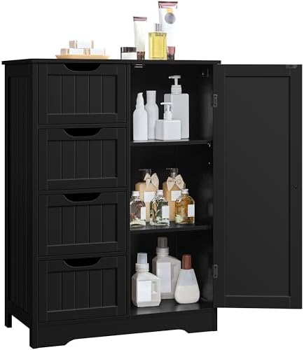 Yaheetech Bathroom Storage Cabinet with 4 Beadboard Drawers and Door, Black by Yaheetech