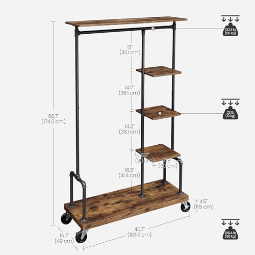 VASAGLE Clothes Rack, 5-Tier Garment Rack on Wheels, Industrial Pipe Style - Image 6