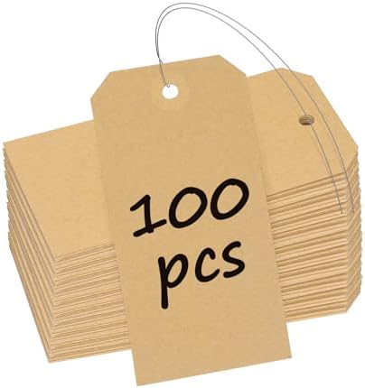Uniclife 100 Pcs Blank Shipping Tags with Wire Attached 4.7 Inch Writable Brown Kraft Paper Hang Tags with Reinforced Eyelet Large Marking Price Tag Inventory Label Tag, 4.7" L x 2 3/8" W by UnicLife