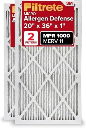 Filtrete 20x36x1 AC Furnace Air Filter, MERV 11, MPR 1000, Micro Allergen Defense, 3-Month Pleated 1-Inch Electrostatic Air Cleaning Filter, 2 Pack (Actual Size 19.81x 35.81x0.81 in) by Filtrete