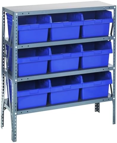 Quantum 1839-SB810BL Heavy Duty Shelving Unit with (4) Shelves and (9) QSB810 Blue Bins for Garage Warehouse Storage Distribution | 400 lb Load Capacity | 18"D x 36"L x 39"H, Galvanized Carbon Steel by QuantumStorageSystems