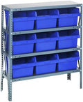 Quantum 1839-SB810BL Heavy Duty Shelving Unit with (4) Shelves and (9) QSB810 Blue Bins for Garage Warehouse Storage Distribution | 400 lb Load Capacity | 18"D x 36"L x 39"H, Galvanized Carbon Steel by QuantumStorageSystems