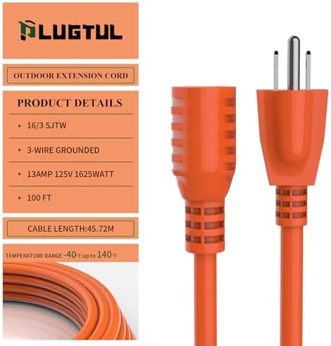 Outdoor Extension Cord 100 FT | 16/3 Gauge Heavy Duty 3 Prong Extension Cord, 13A 1625W SJTW, ETL Listed, Great for Garden and Home, Orange - Image 2